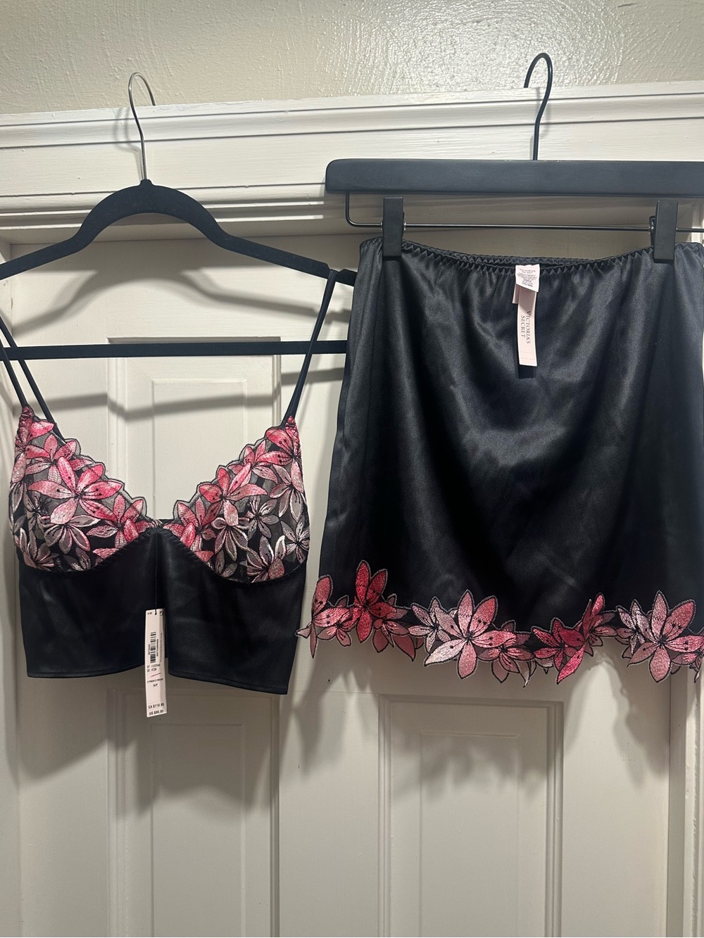 Victoria's Secret Black Satin Crop Bra & Slip Skirt with Pink Floral Embroidery